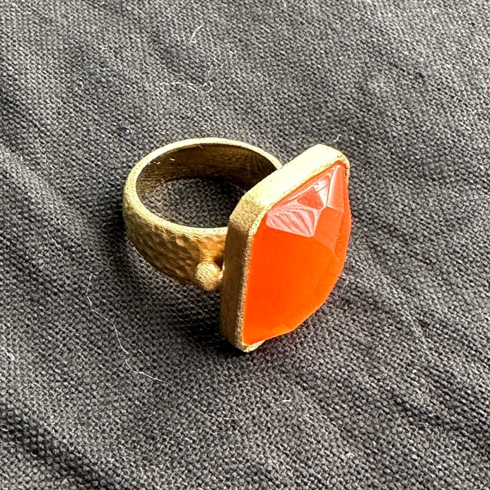 Rivka Friedman 18K Gold Plated Orange Cats Eye Hammered Satin Rectangle Ring